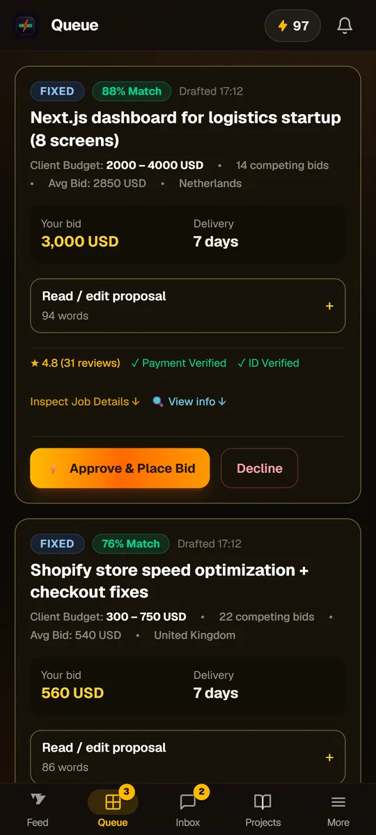 Approve bids in one tap